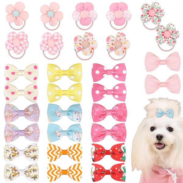 Puppy Hair Bows Accessories Set for Small Dogs Yorkie, Handmade 20PCS Dog Hair Bows, 10PCS Flower Rubber Ties Pet Grooming Accessories for Doggies Poodle Teddy Shih Tzu