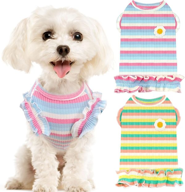 2 Pack Cute Striped Small Dog T Shirts Soft Cotton Girl Dog Clothes Breathable Pet Puppy Cats Vest Spring Summer（Purple+Green,X-Large）