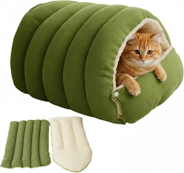 3-in-1 Enclosure Cat House Bed，Large Detachable Cat Cave Bed Warm，Cozy Cat Mat Nest Sleeping Bed Puppy House for Cats Small Dogs 22.4x14.5x11 Inches，Green